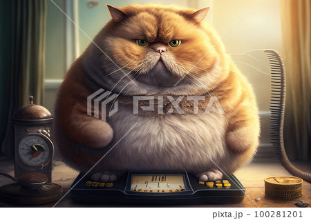 Fat cat on scales on white background. Weight control concept. Copy space.  Stock Photo