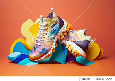 Creative bright colorful sneakers on abstract background. Sport footwear and fashion concept. Banner for design. Created with Generative AI 100281222