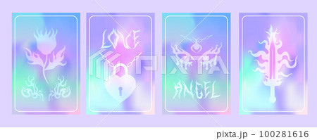 Y2k set of posters blurred gragient on the theme of the 00s. Flame, sword, cards, eyes, fire, flower, heart holographic background and stylish print with text angel, love. Glamorous holo vibrant 100281616