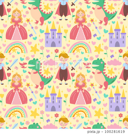 Princess seamless pattern with prince, dragon, castle, rainbow in scandinavian style. Creative vector childish background for fabric, textile, poster, clothing, nursery wall art and card. EPS Princess seamless pattern with prince, dragon, castle, rainbow in scandinavian style. Creative vector childish background for fabric, textile, poster, clothing, nursery wall art and card. EPS 100281619