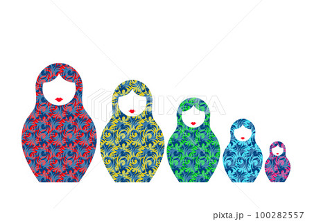 Russian nesting dolls Matryoshka. Babushka doll. Matryoshka set family with colorful floral modern ornament, vector illustration isolated or white background 100282557