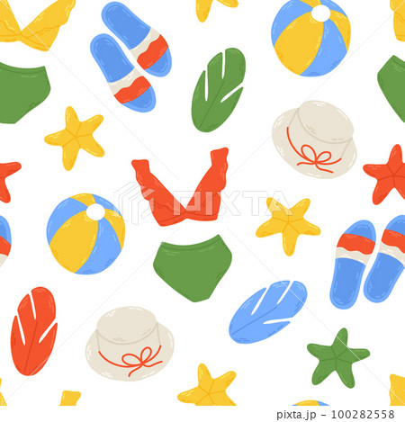 Summer beach pattern with cute bikini, hat, flip-flop and starfish. Hand drawn flat cartoon elements. Vector illustration 100282558