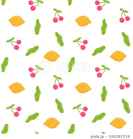 Summer food pattern with cute sweet cherry and lemon. Hand drawn flat cartoon elements. Vector illustration 100282559