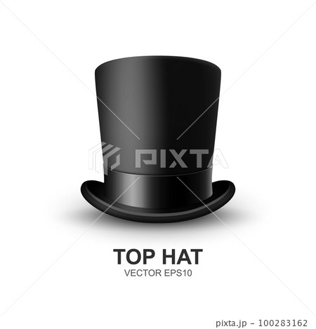 Vector 3d Realistic Black Top Hat with Black Ribbon Closeup Isolated on White Background. Classic Retro Vintage Top Hat, Vintage Gentlemans Mens Hat, Front View Vector 3d Realistic Black Top Hat with Black Ribbon Closeup Isolated on White Background. Classic Retro Vintage Top Hat, Vintage Gentlemans Mens Hat, Front View 100283162