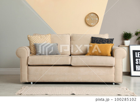 Modern comfortable sofa with pillows indoors. Stylish room interior 100285102