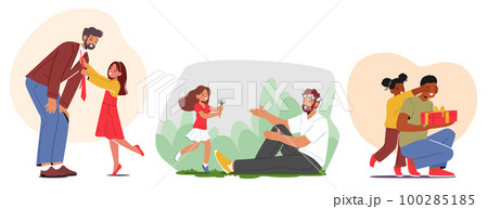 Set Dad and Daughter Characters Love and Affection. Little Girl Tying Bow on Fathers Collar, Giving Flowers on Meadow Set Dad and Daughter Characters Love and Affection. Little Girl Tying Bow on Fathers Collar, Giving Flowers on Meadow 100285185