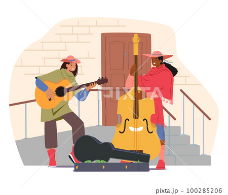 Musicians Perform Outdoor Show On City Street Playing Guitar And Double Bass For Pedestrians Vector Illustration 100285206