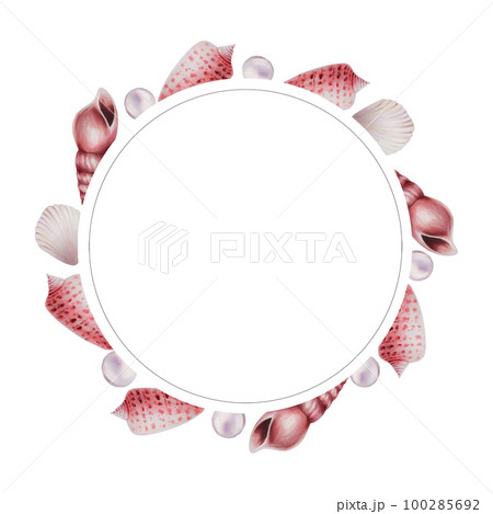 Watercolor frame with shells and pearls. Hand painting clipart underwater life objects on a white isolated background. For designers, decoration, postcards, wrapping paper, scrapbooking, covers 100285692