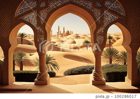 Arab Palace Desert View, Grand Hamam, Hotel, Luxurious Oriental Interiors, Abstract Generative AI Illustration Arab Palace Desert View, Grand Hamam, Hotel, Luxurious Oriental Interiors, Abstract Generative AI Illustration 100286017