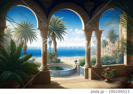 Arab Palace Sea View, Grand Hamam, Hotel, Luxurious Oriental Interiors, Abstract Generative AI Illustration 100286023