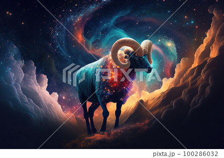 Aries Zodiac Sign, Horoscope Symbol, Magic Astrology Aries in Fantastic Night Sky, Generative AI Illustration Aries Zodiac Sign, Horoscope Symbol, Magic Astrology Aries in Fantastic Night Sky, Generative AI Illustration 100286032