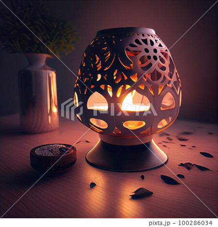 Aroma Lamp, Aromatherapy Lantern with Burning Candle, Essential Oil, Abstract Generative AI Illustration 100286034