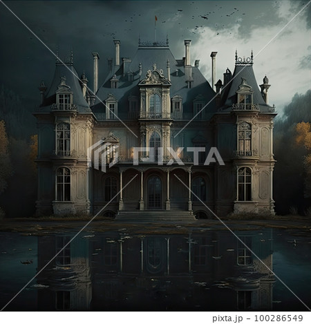 Medieval Haunted Castle, Gloomy Chateau, Drawing Imitation, Abstract Generative AI Illustration 100286549