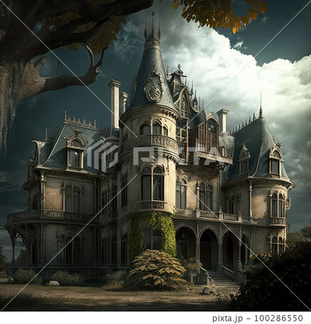 Medieval Haunted Castle, Gloomy Chateau, Drawing Imitation, Abstract Generative AI Illustration Medieval Haunted Castle, Gloomy Chateau, Drawing Imitation, Abstract Generative AI Illustration 100286550