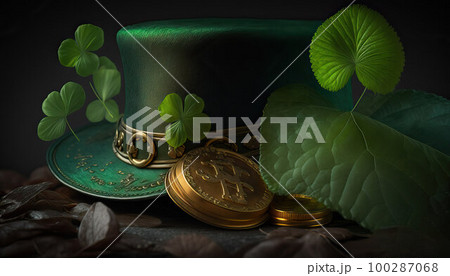 green top hat and clover are the symbol of the celebration of St. Patrick's Day 100287068