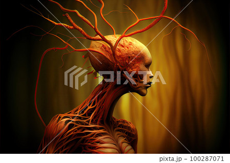 Mushroom Zombie, Human Parasite Fungus, Cordyceps on Zombie, Abstract Generative AI Illustration 100287071