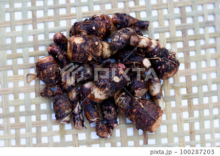 Organic taro fruit in bamboo weave plate Organic taro fruit in bamboo weave plate 100287203
