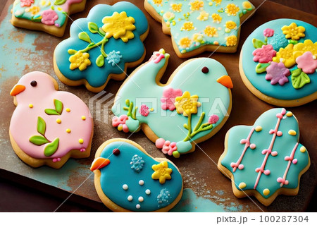 Easter Eggs Cookies with Royal Icing, Biscuit Color Eggs for Easter Design, Generative AI Illustration 100287304