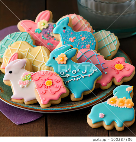 Easter Eggs Cookies with Royal Icing, Biscuit Color Eggs for Easter Design, Generative AI Illustration 100287306