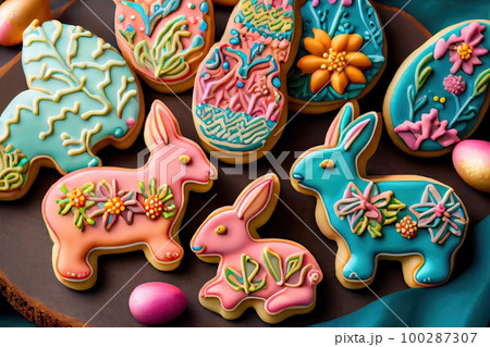 Easter Eggs Cookies with Royal Icing, Biscuit Color Eggs for Easter Design, Generative AI Illustration Easter Eggs Cookies with Royal Icing, Biscuit Color Eggs for Easter Design, Generative AI Illustration 100287307