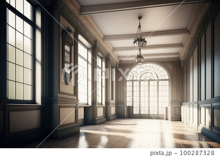 Castle Interiors, Empty Victorian Hall, Luxury Hotel Lobby, Royal Villa Abstract Generative AI Illustration 100287328
