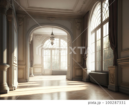 Castle Interiors, Empty Victorian Hall, Luxury Hotel Lobby, Royal Villa Abstract Generative AI Illustration 100287331