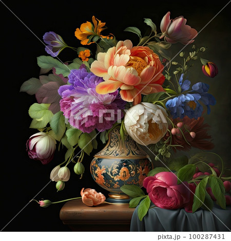 Flower Still Life Bouquet in Vintage Vase, Ancient Dutch Masters Imitation, Abstract Generative AI Illustration Flower Still Life Bouquet in Vintage Vase, Ancient Dutch Masters Imitation, Abstract Generative AI Illustration 100287431