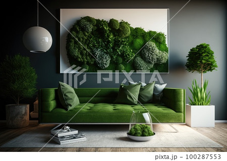 Painted Stabilized Moss Picture in Modern Interior, Green Moss Wall, Abstract Generative AI Illustration 100287553