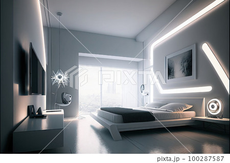 Luxurious Hotel Room, Modern Bedroom Interior with a Large Window, Generative AI Illustration 100287587