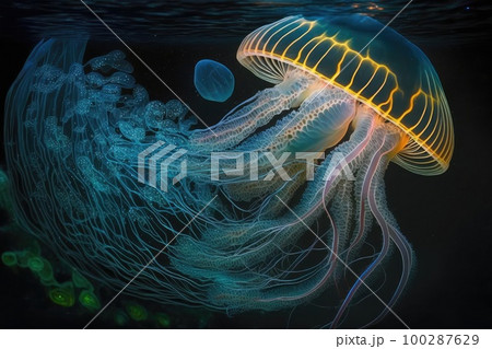 Fantasy Glowing Jellyfish, Underwater Creature, Abstract Jelly Fish, Generative AI Illustration Fantasy Glowing Jellyfish, Underwater Creature, Abstract Jelly Fish, Generative AI Illustration 100287629