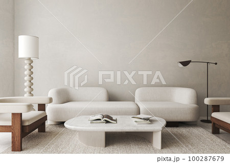 White living room interior with sofa and chairs, coffee table with books and decoration. Modern large lamp. Mockup copy space wall. 3d rendering. High quality 3d illustration White living room interior with sofa and chairs, coffee table with books and decoration. Modern large lamp. Mockup copy space wall. 3d rendering. High quality 3d illustration 100287679