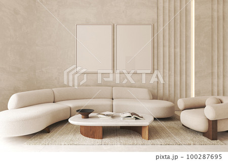 Contemporary classic light beige interior with furniture and decor. Decoration panels with illumination. Mock up stucco wall. 3d rendering. High quality 3d illustration Contemporary classic light beige interior with furniture and decor. Decoration panels with illumination. Mock up stucco wall. 3d rendering. High quality 3d illustration 100287695
