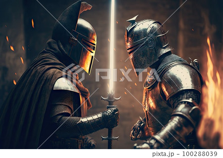 Fighting Knights, Medieval Warrior Duel, Dramatic Knight Battle Drawing Imitation, Abstract Generative AI Illustration 100288039