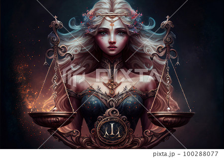 Libra Zodiac Sign, Horoscope Symbol, Magic Astrology Girl, Woman in Fantastic Night Sky, Generative AI Illustration 100288077