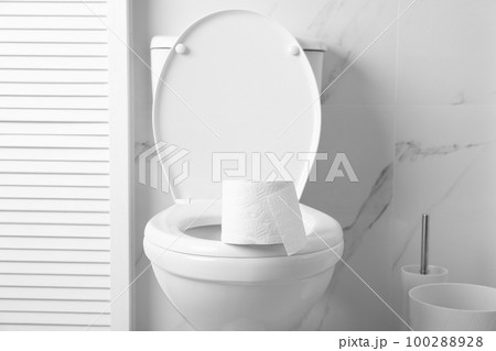 New paper roll on toilet bowl in bathroom 100288928