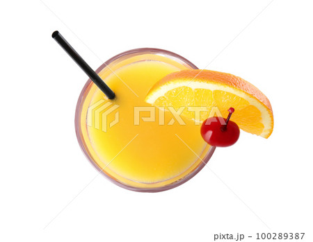 Fresh alcoholic Tequila Sunrise cocktail isolated on white, top view 100289387