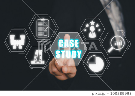 Case Study Education concept, Business person hand touching case study icon on virtual screen. Case Study Education concept, Business person hand touching case study icon on virtual screen. 100289993