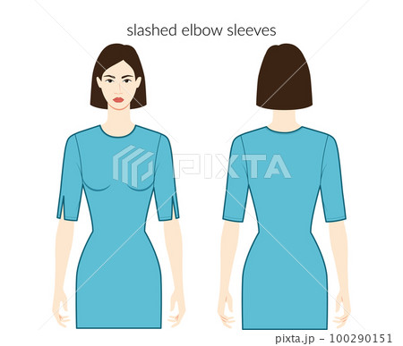 Slashed sleeves clothes character beautiful lady in purple top, shirt, dress technical fashion illustration with elbow Slashed sleeves clothes character beautiful lady in purple top, shirt, dress technical fashion illustration with elbow 100290151