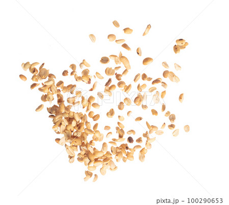 Roasted Peanut bean fly explosion group, Roasted Peanut bean float explode, abstract cloud fly. Roasted Peanut beans splash throwing in Air. White background Isolated high speed shutter, freeze motion 100290653