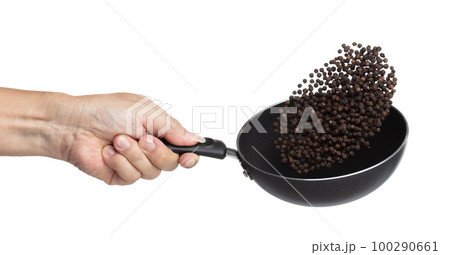 Black Pepper seeds fly throw up in pan, Black Pepper float explode, abstract cloud fly. Black Peppercorn splash throwing in Air. White background Isolated high speed shutter, freeze motion 100290661