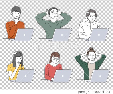 一位商務人士帶著困擾的表情看著筆記本電腦的插圖素材 100291083