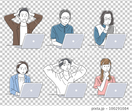 一位商務人士帶著困擾的表情看著筆記本電腦的插圖素材 100291084