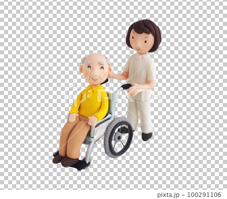 おじいさんが乗っている車椅子を押す看護師(粘土立体イラスト) おじいさんが乗っている車椅子を押す看護師(粘土立体イラスト) 100291106