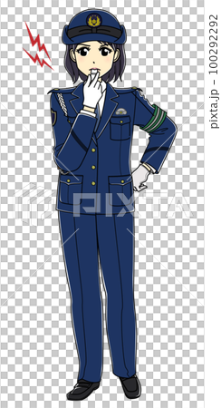 警笛を吹く女性警察官（全身・スラックス） 100292292