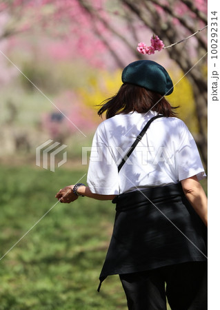 春の中之条ガーデンズ　花桃の丘を歩く女性 100292314