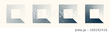Square shaped dotted objects, vintage stipple elements. Stippling, dotwork drawing shading using dots. Halftone disintegration effect. White noise grainy texture. Fading gradient. Vector illustration Square shaped dotted objects, vintage stipple elements. Stippling, dotwork drawing shading using dots. Halftone disintegration effect. White noise grainy texture. Fading gradient. Vector illustration 100292416