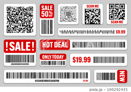 Set of product barcodes and QR codes. Special offer, sale stickers, shopping discount label or promotional badge. Serial number, product ID. Supermarket retail label, price tag. Vector illustration 100292435
