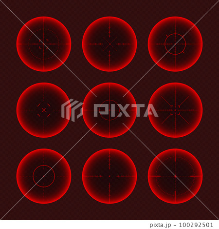 Various weapon thermal infrared sights, sniper rifle optical scopes. Hunting gun viewfinder with crosshair. Aim, shooting mark symbol. Military target sign. Game UI element. Vector illustration 100292501