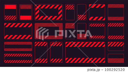 Various blank red warning signs with diagonal lines. Attention, danger or caution sign, construction site signage. Realistic notice signboard, warning banner, road shield. Vector illustration Various blank red warning signs with diagonal lines. Attention, danger or caution sign, construction site signage. Realistic notice signboard, warning banner, road shield. Vector illustration 100292520