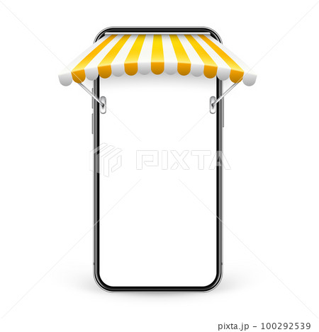 Smartphone with shop sunshade and metal mount, online internet shopping. Realistic yellow striped cafe awning. Outdoor market tent. Roof canopy. Summer street store. Vector illustration Smartphone with shop sunshade and metal mount, online internet shopping. Realistic yellow striped cafe awning. Outdoor market tent. Roof canopy. Summer street store. Vector illustration 100292539